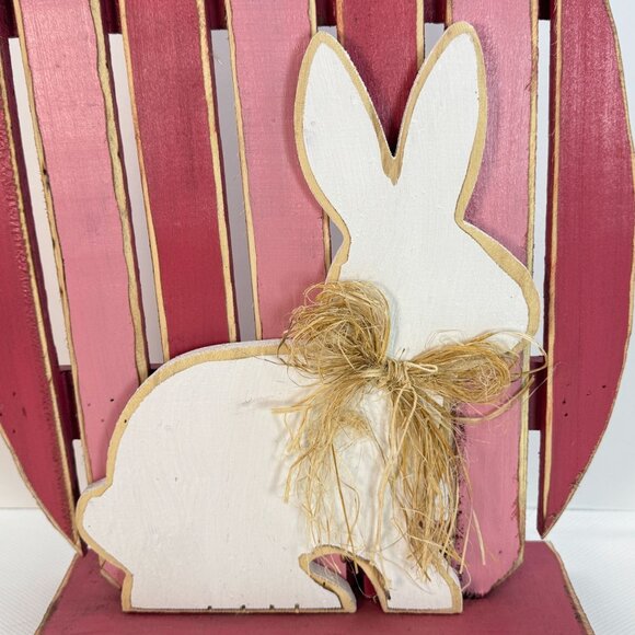 Handcrafted Wooden Easter Bunny Table Decor With Rustic Pink & White Finish 19" - Picture 2 of 9
